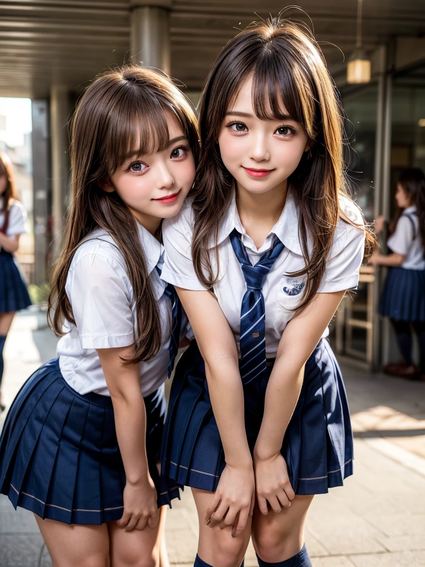 Browsing Caution, ((masterpiece)), ((Highest quality)), (Very detailedな), ((cute)), cute, (Multi-point), ((sexy)), (device), ((Very detailed)), 4K, (8k), Highest quality, (beautiful), hyper cute face, shape, Anime Style,hyper Genuineistic, Genuine, ((Navy high socks and brown loafers))、 ((From face to feet)), close, Thick outline, Clear contours, (Two Girls, 3 cute girls:1.5), (Schoolgirl Uniform :1.5), beautiful light brown hair, beautiful brown eyes, ((beautiful eyes)), (Leaning forward:1.5), (Under the skirt:1.5), short hair, Big Breasts,  smile