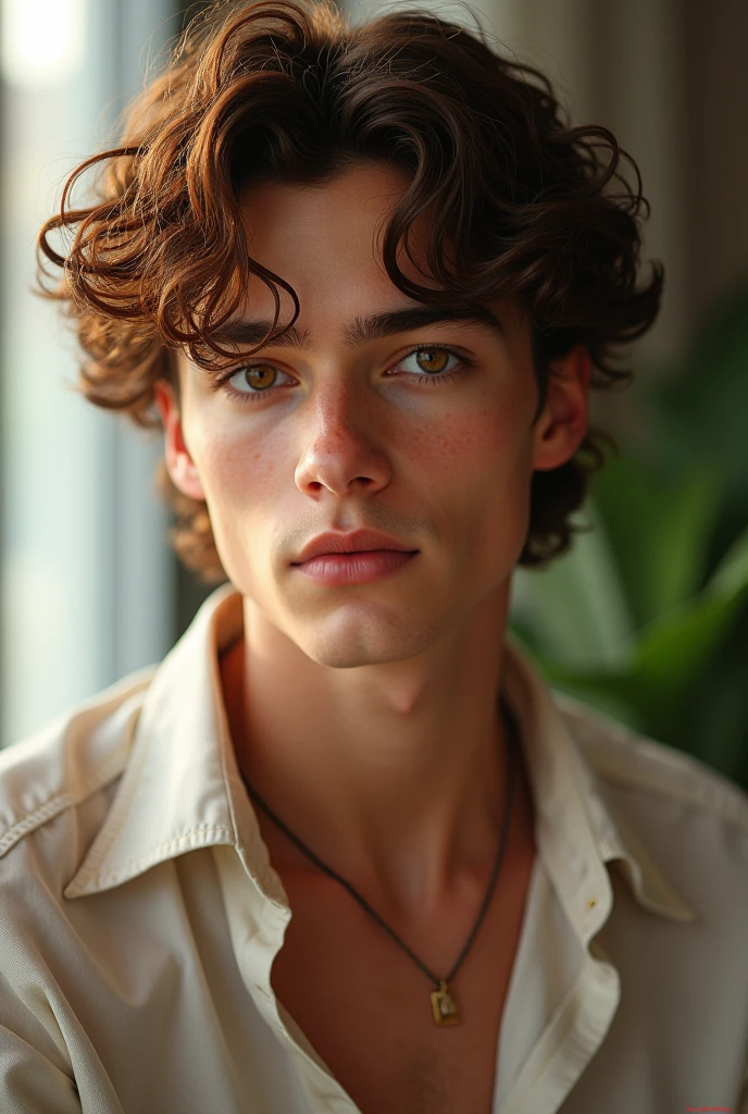 A boy, is a descendant of Aphrodite, ah inherited a certain beauty from her, The chic looks very pale, with beautiful, slightly greenish hazel eyes, curly hair not so long, hazelnut brown but sometimes some reddish lights, the boy has a fit body, He is tall and very attractive, too handsome, He is  and is in the present time 