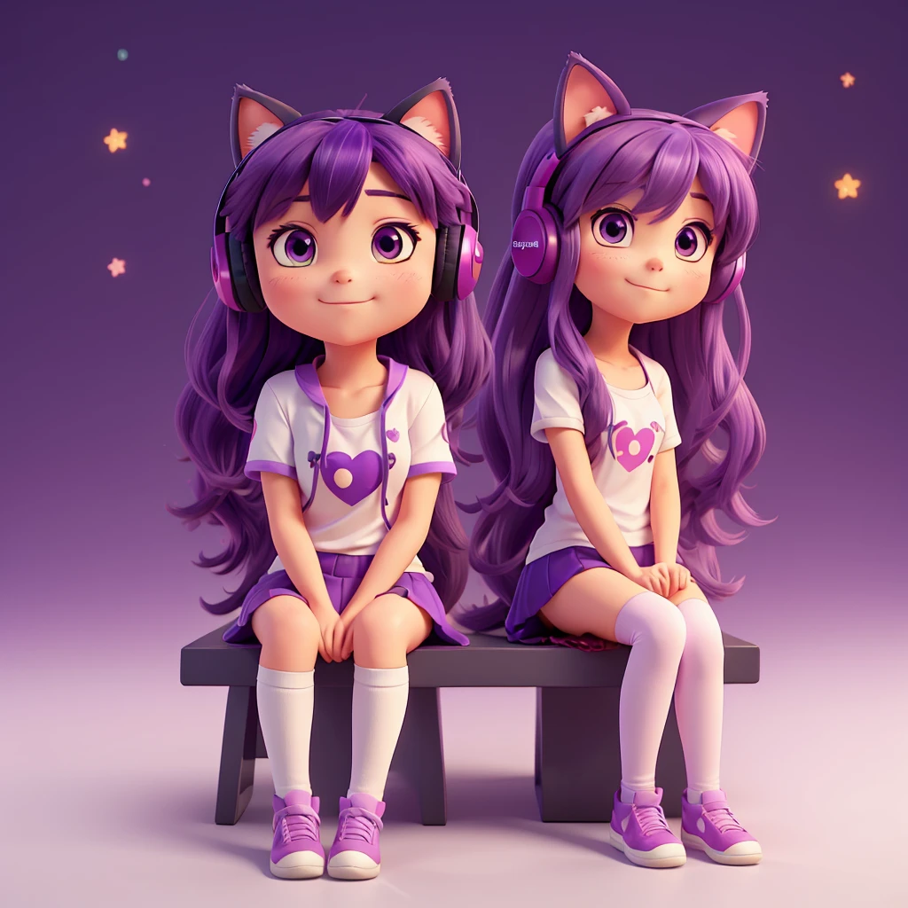 Logo for a fb page with an anime girl with straight purple hair and fuchsia tips, with cat ear headphones, sitting on a crescent moon with a star and heart (in bright colors) The white background 