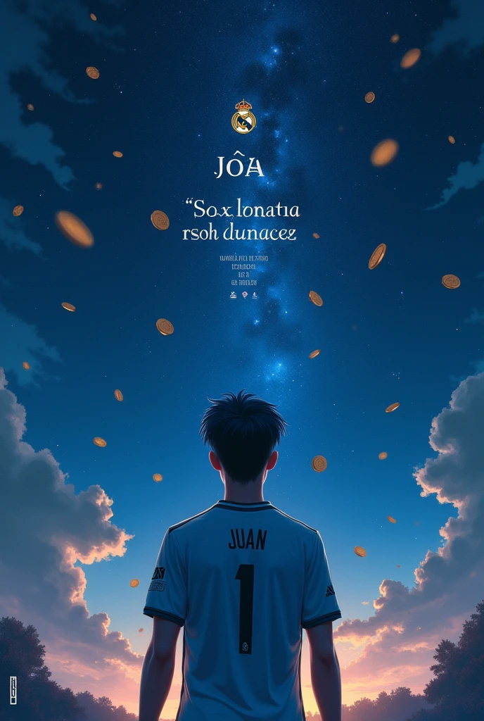 generate an image in which a young man with thin and nice face features looking at the stars, in the sky has to be a very nice sky with many stars, the young man has to have blue hair and his body has to be normal with a normal physique has to have the uniform of Real Madrid and has to be on his back the young man, the shirt has to have the number 1 and say JUAN, should have in the sky a lot of money and say en español condemned to success 