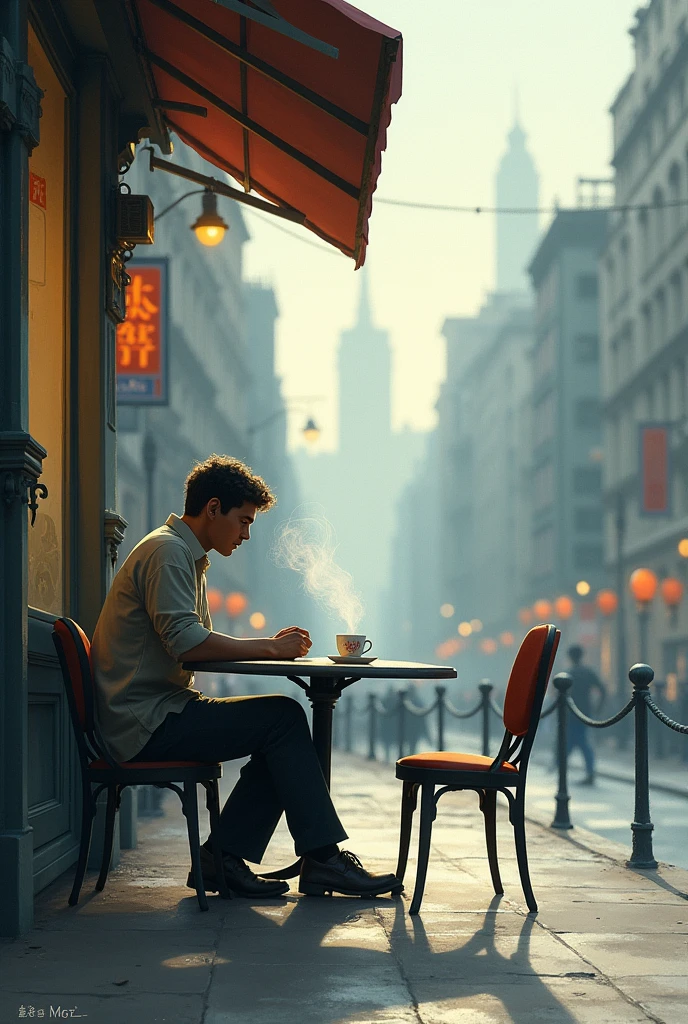 A city café terrace, man sitting lonely, looking at the empty chair, a soft impression, a sad scene,