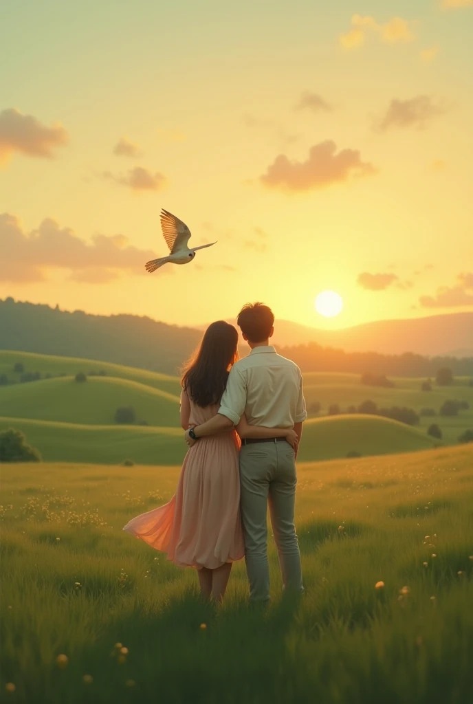 A couple with their backs turned, standing in the middle of a rolling, sprawling green field, with the sun setting on the horizon, Bathing the landscape in warm shades of orange, pink and gold. The couple is hugging, with a relaxed and romantic posture. She is wearing a long dress, fluid and soft in color, while he wears casual clothes, like a light shirt and pants. The style of the image is clearly vintage, with a slightly faded filter and softly blurred edges, evoking a sense of nostalgia and tranquility. The colors are dull, with a slight patina that gives the feeling of an old photograph. The sky shows soft brushstrokes of clouds, and the sunlight reflects on the grass, creating a warm and welcoming atmosphere, that in the air there is an owl opening its wings