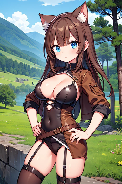 Cute adventurer Girl, Long lush Brown Hair, Beautiful Blue Eyes, Natural Cat-like Ears, mildly curvaceous, large chest, Rugged Outfit, adventurer gear, worn attire, determined expression, exploring a mountainous forest, Pretty sky, standing, one hand on hip, mild close-up, Brown leather straps, damaged attire, practical and rugged attire,