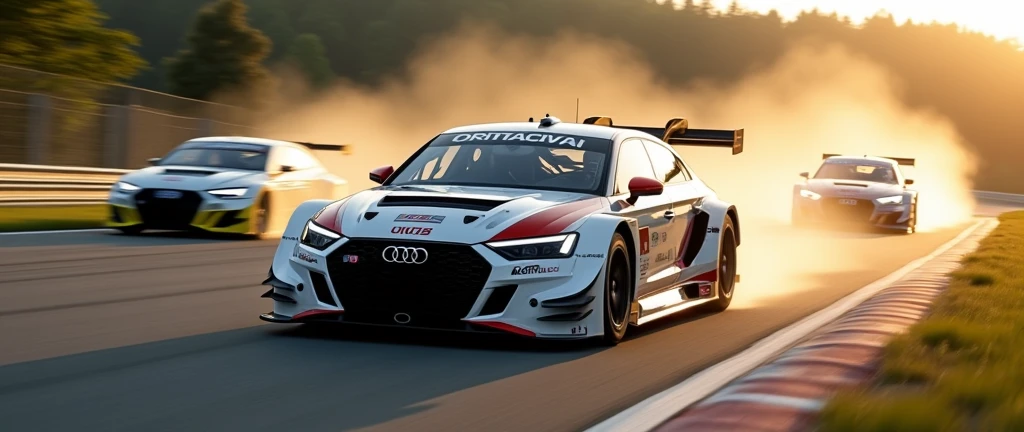 White Audi RS 3 LMS, passing several cars on a track during the day.