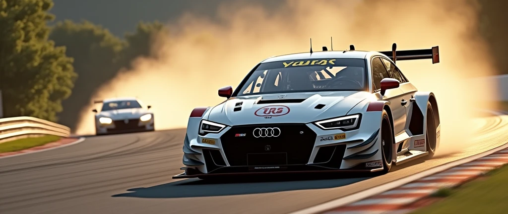 White Audi RS 3 LMS, passing several cars on a track during the day.