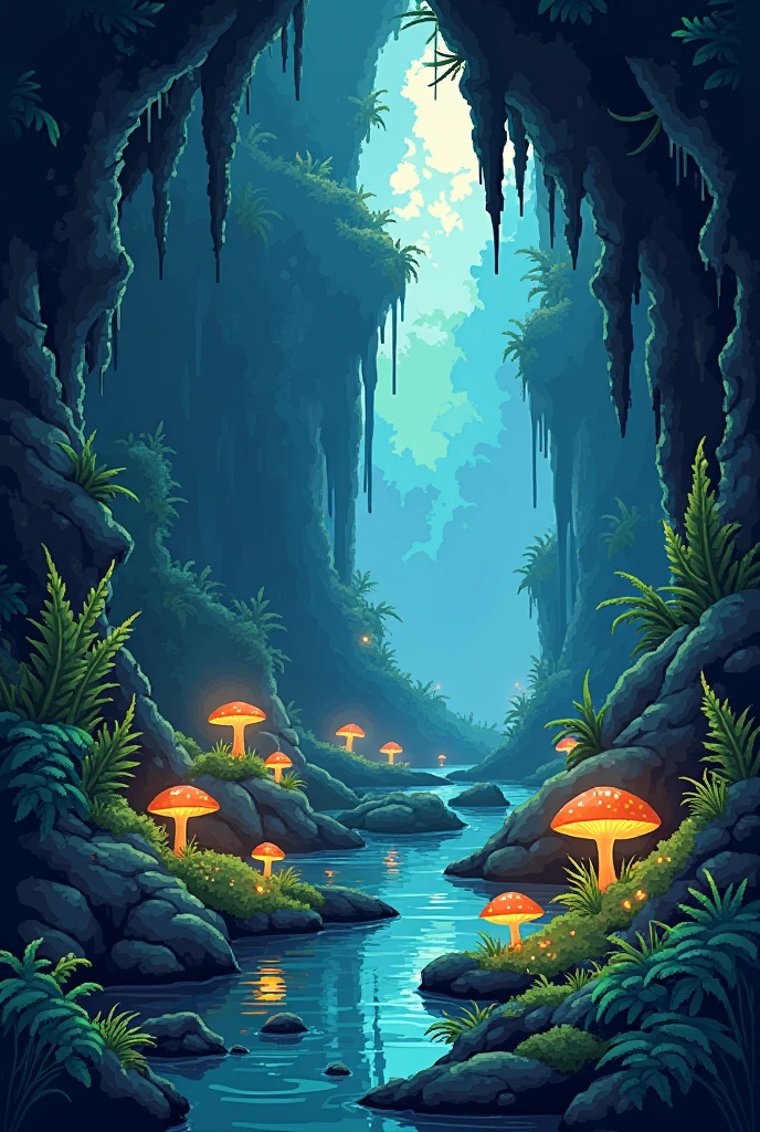 Image of the depths of a cave in pixel art with vegetation