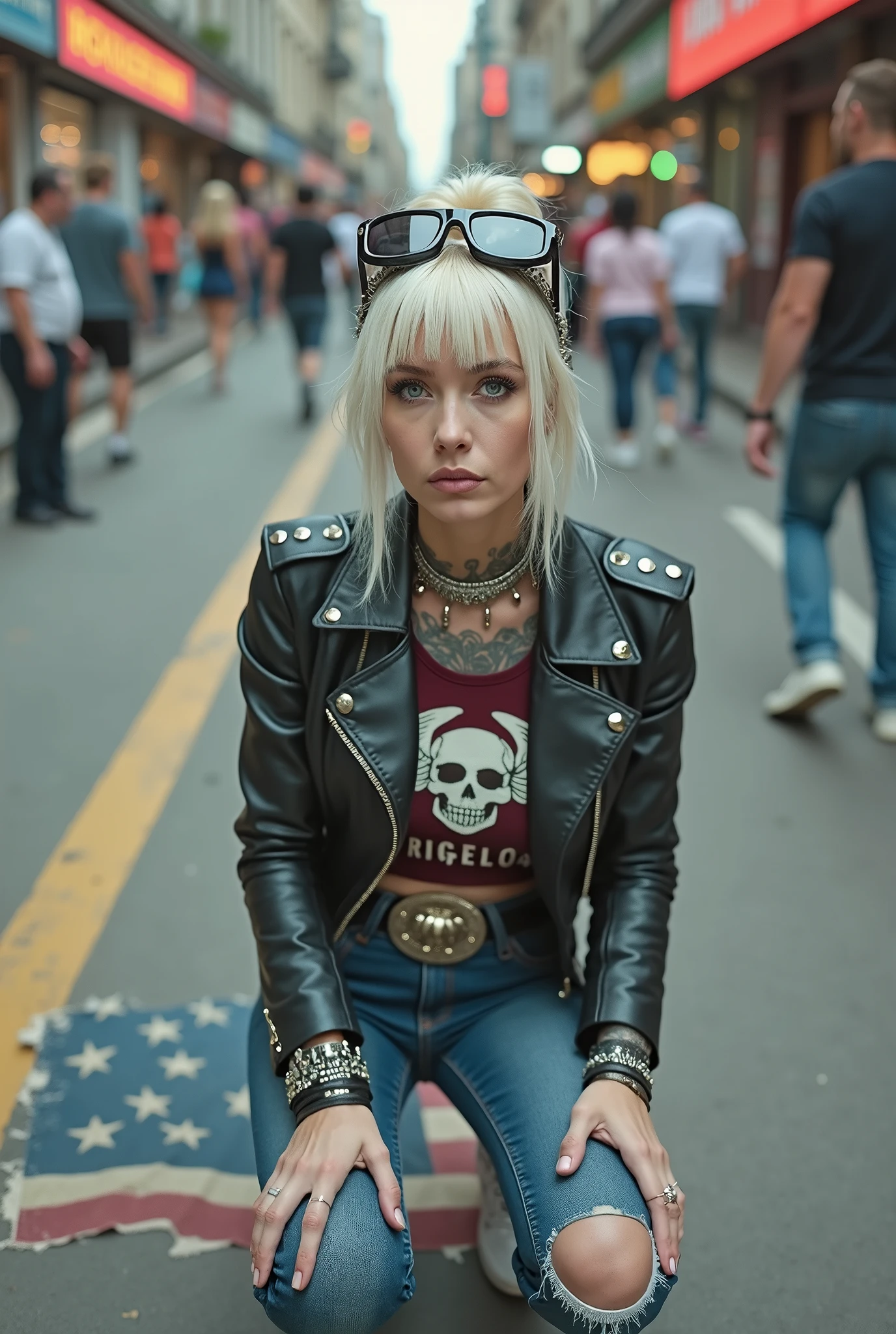 russian old milf woman, , blonde platinum hair (beehive bun) and oversized square sunglasses as headband), with very light green eyes, extremely pale. Wearing studded, padded shoulders, cropped black moto jacket (zippers on the side. dark burgundy push up t-shirt with skull and wings logo and gothic lettering,, dark skinny low rise blue jeans with holes on knees .White tennis sneakers. Lots of thick wide studded bracelets, chain collars and big rings. Tacky wide studded leather belt with big eagle oval buckle. Long earrings with chains. Kneeling on a ragged usa flag, looking at the photographer. Hands on knees. Looking at the camera, Toned abdominals, thin neck, slim legs and thin arms. Narrow hips. Heavily tattooed on chest, hands, neck and arms. Crowded street of Angola