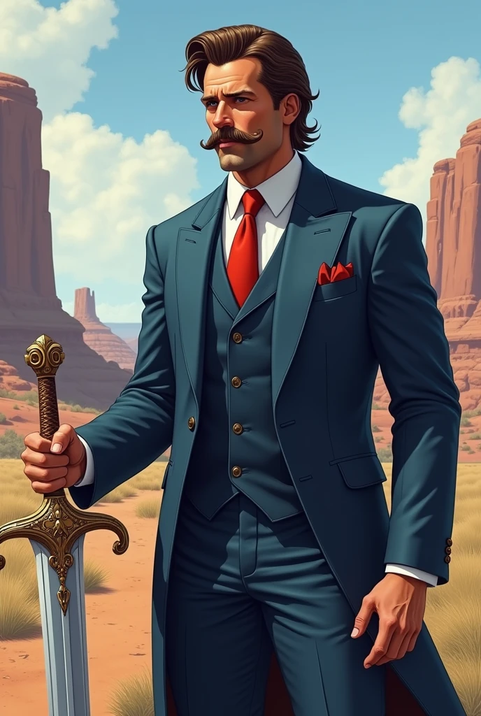 He is a man standing at 1.15 meters tall with a normal build. He has medium-length brown hair and he has a Mutton Chops. He is very well-dressed in a blue suit with a red tie. He carries the legendary sword Excalibur and has a magnificent and especially calming presence. The character should be styled in a fantasy RPG art style and set in the Old West.