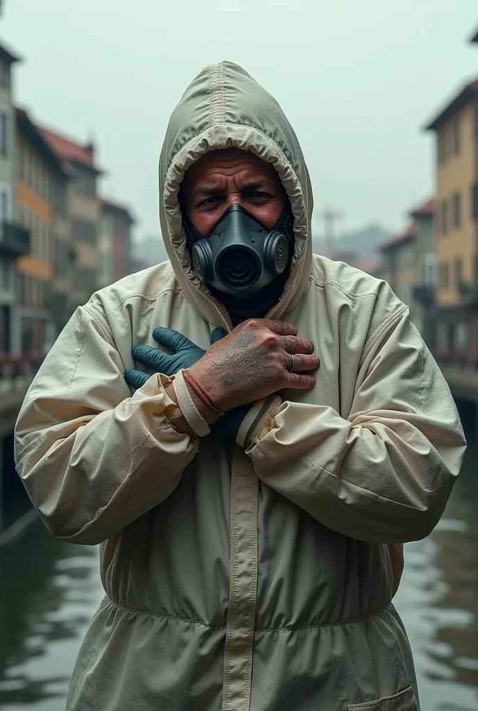 Man with PPE in Porto holding his injured hand and crying 