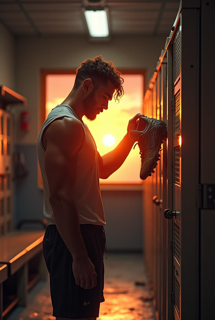 Create an image of a young footballer hanging his cleats in the locker room, that a sunset appears in the background. In the image you can see how the footballer is hanging his cleats

