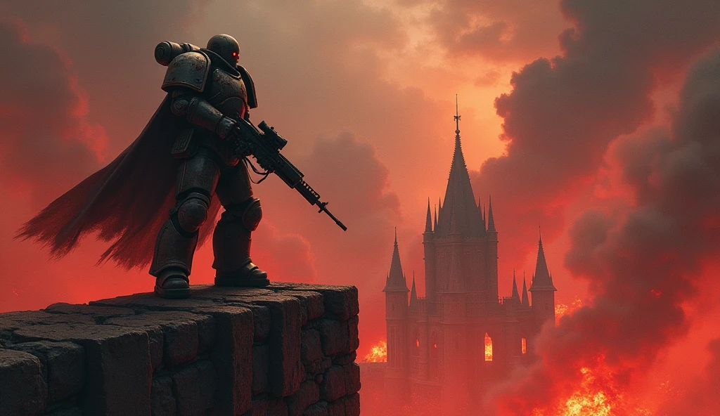 "Create a dramatic and epic album cover for a song titled 'Cadia Stands'. The cover should be in the grimdark style of Warhammer 40,000. Depict a colossal, imposing fortress wall of Cadia with a backdrop of raging, infernal flames and a sky filled with dark smoke. On the wall, an Imperial Guardsman, clad in battle-worn armor, stands resolute with a bolter ready, looking out over the chaos. Include intense red and orange lighting from the firestorm that contrasts with the dark, foreboding environment. The title 'Cadia Stands' should be prominently displayed in a bold, Gothic font at the top or bottom of the cover, with a feeling of unwavering determination and defiance."

