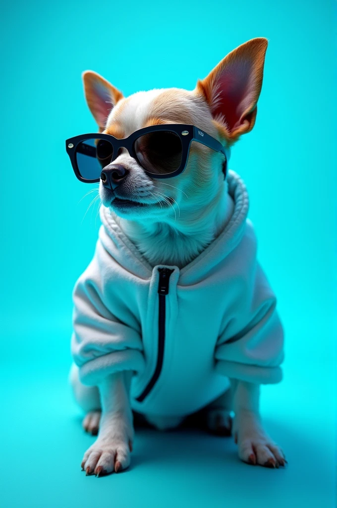 The best cell phone wallpaper, Award-Winning Wallpaper, portrait photography, In the front view is a portrait of a cute dog wearing mid-1960s space age fashion, Side view photo, Shot with Canon EOS R5, Set a strong contrast that accentuates the subject, Fluorescent blue tone, Wearing a very modern coat and sunglasses is a modern 1960s style, Clothes all in one color, beautiful background
