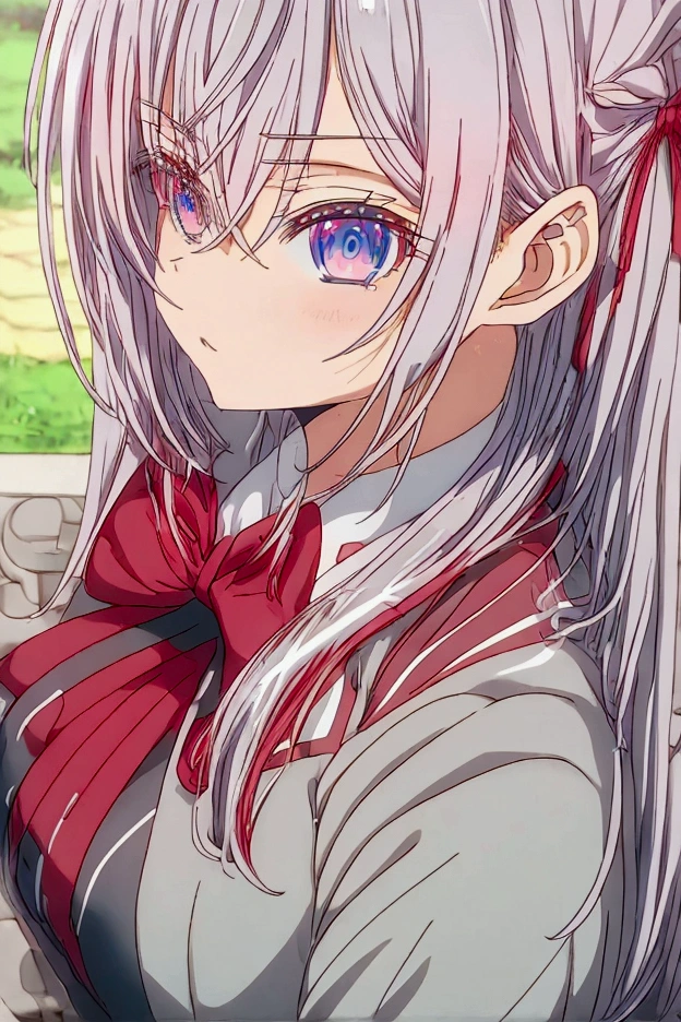 アニメ, female character ,alya-san,beautiful silver hair with a ribbon tied ,student uniform ,medium breasts ,ultra quality .