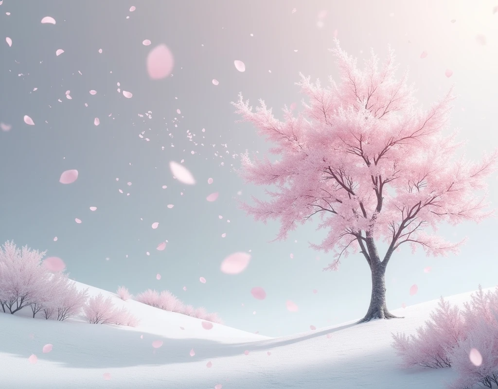 Korean cherry blossom tree falling very delicate pink and white in tone.of winter with.snows creative and beautiful image