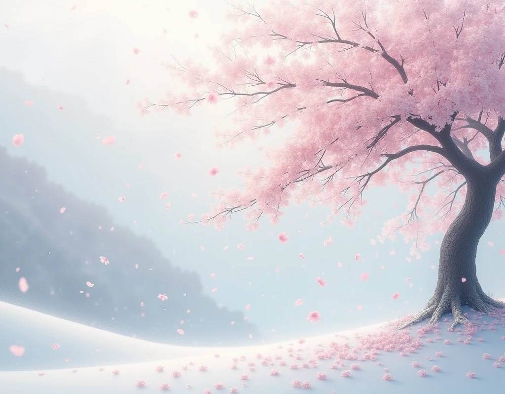 Korean cherry blossom tree falling very delicate pink and white in tone.of winter with.snows creative and beautiful image