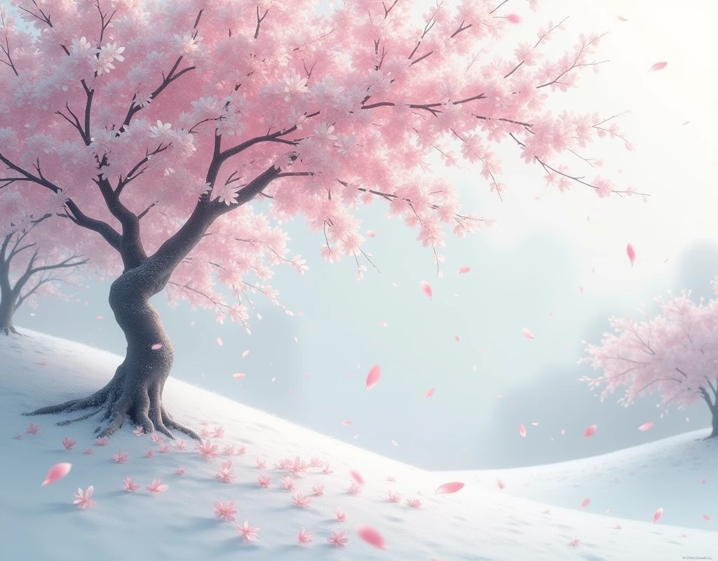 Korean cherry blossom tree falling very delicate pink and white in tone.of winter with.snows creative and beautiful image