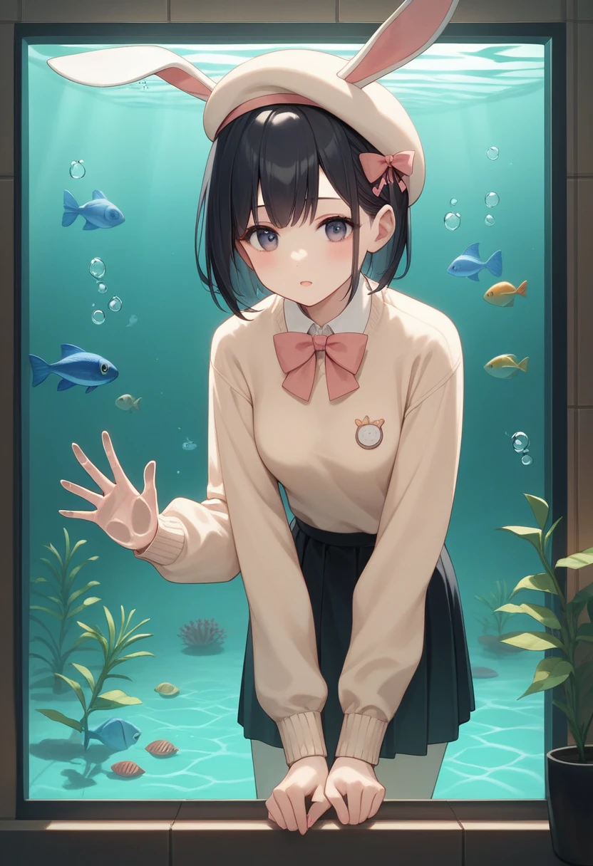 A scene in an aquarium, focused on an anime style girl with short black hair, dressed in a beige beret decorated with bunny ears and a bow, a peach colored sweater, and a dark skirt. The girl is standing in front of the aquarium glass, leaning forward slightly, with the right hand resting on the glass and the left hand relaxed. His expression shows excitement as he watches something in the water.. Behind the glass, You can see details of the aquarium with fish swimming, Illuminated by a soft, bluish light that emulates the underwater atmosphere. The focus is on capturing the girl's natural and relaxed posture., as well as the interaction between it and the aquatic environment.