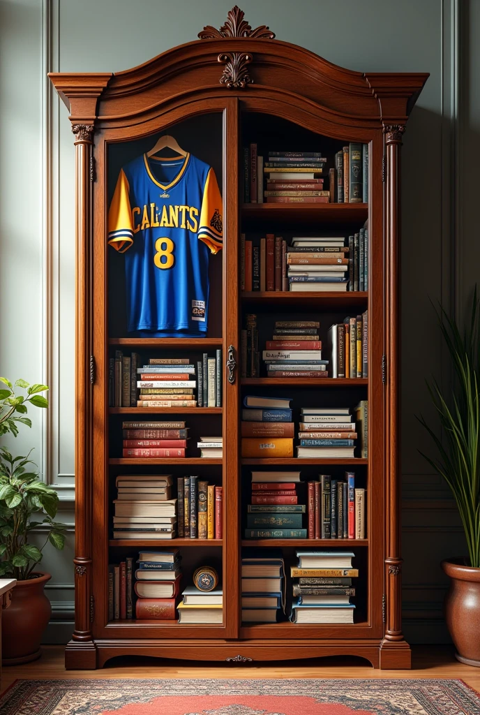 An almira one side full with books and others side fully with jersey