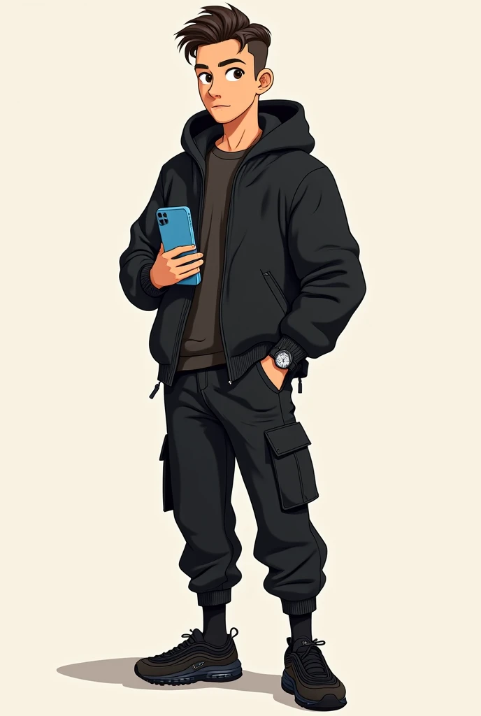 make the character look animated as if it were drawn, the character has white skin and dark brown hair, and the hairstyle he has is a French crop, he has brown eyes, he wears a black napapiri susvac on his left hand, he has a rolex dyton in his right hand, he is holding a blue iPhone 12, on his legs he has black cargo pants, he has black socks and nike air max 97 triple black on the feet