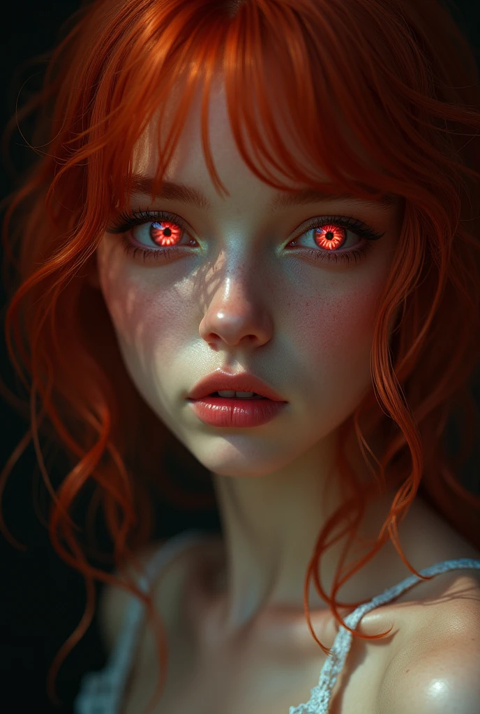 1 girl, star eye, blush, perfect lighting, Red hair, Red eyes, unreal engine, side lighting, detailed face, hits, shiny skin, simple background, dark background completely naked
