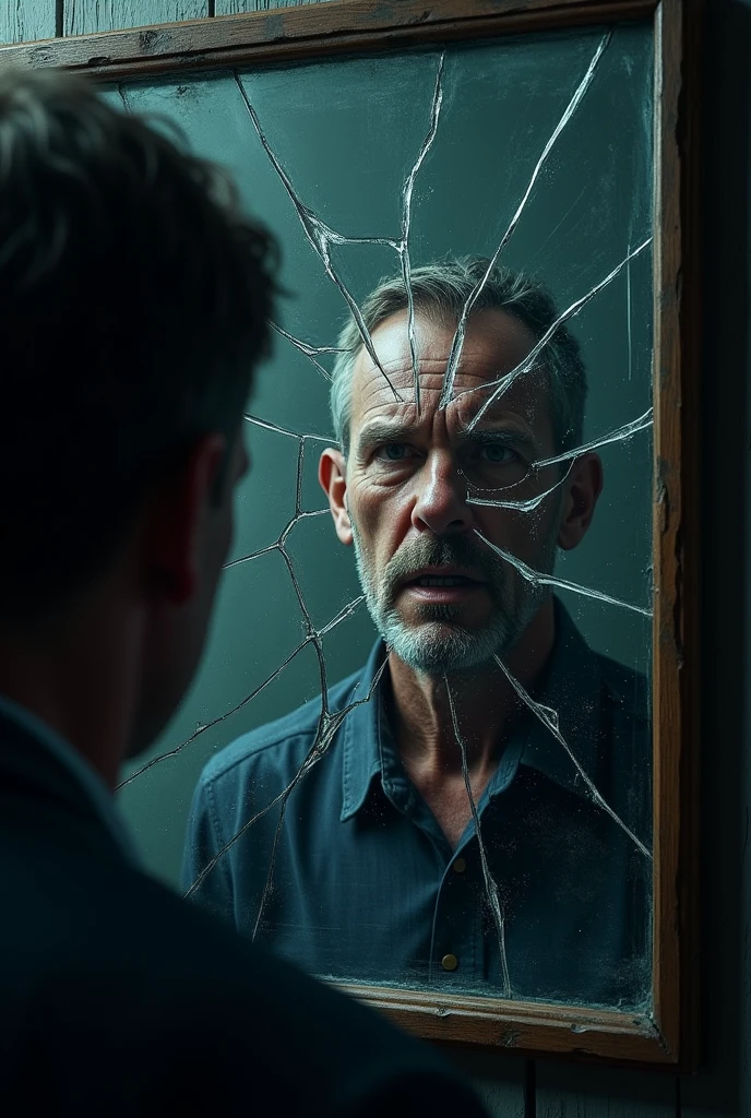 I want you to make a poster about a horror and suspense series where a man looks at his reflection in a broken mirror where he can see his own death and for the title put resident and use the same font as Stephen King's.