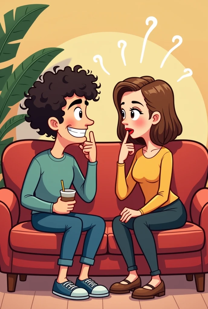 Create an image of a curly-haired man and a straight-haired light brown-haired woman on a couch looking at a camera gossiping with the cartoon-style promo