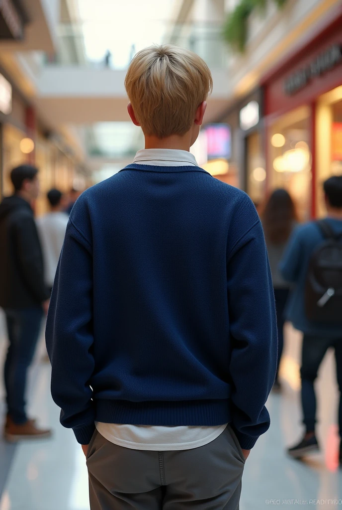(photorealism:1.2), picture taken from behind a 16 year old boy, blonde hair, latin, deep blue sweater and a white shirt, grey pants on a mall