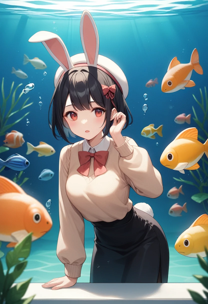 A scene in an aquarium, focused on an anime style girl with short black hair, dressed in a beige beret decorated with bunny ears and a bow, a peach colored sweater, and a dark skirt. The girl is standing in front of the aquarium glass, leaning forward slightly, with the right hand resting on the glass and the left hand relaxed. His expression shows excitement as he watches something in the water.. Behind the glass, You can see details of the aquarium with fish swimming, Illuminated by a soft, bluish light that emulates the underwater atmosphere. The focus is on capturing the girl&#39;s natural and relaxed posture., as well as the interaction between it and the aquatic environment.