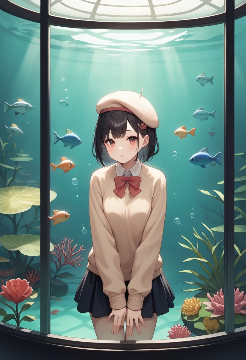 A scene in an aquarium, focused on an anime style girl with short black hair, dressed in a beige beret decorated with bunny ears and a bow, a peach colored sweater, and a dark skirt. The girl is standing in front of the aquarium glass, leaning forward slightly, with the right hand resting on the glass and the left hand relaxed. His expression shows excitement as he watches something in the water.. Behind the glass, You can see details of the aquarium with fish swimming, Illuminated by a soft, bluish light that emulates the underwater atmosphere. The focus is on capturing the girl's natural and relaxed posture., as well as the between it and the aquatic environment.