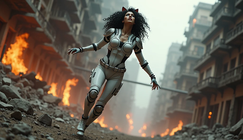 ((Best Quality)), ((Masterpiece)), ((Realistic)), (Detailed), (fotorrealist:1.5), Catwoman, Futuristic, Curly Black Hair (White Suit), Walking, Armored Lights, Cyber Hats, Looking Above Viewer, Dynamic Pose, Post Apocalyptic, Ruined City Background, Burning Buildings, Sci-Fi, HDR, Ray Tracing, NVIDIA RTX, Ultra High Resolution, Unreal 5, Ground Scattering,