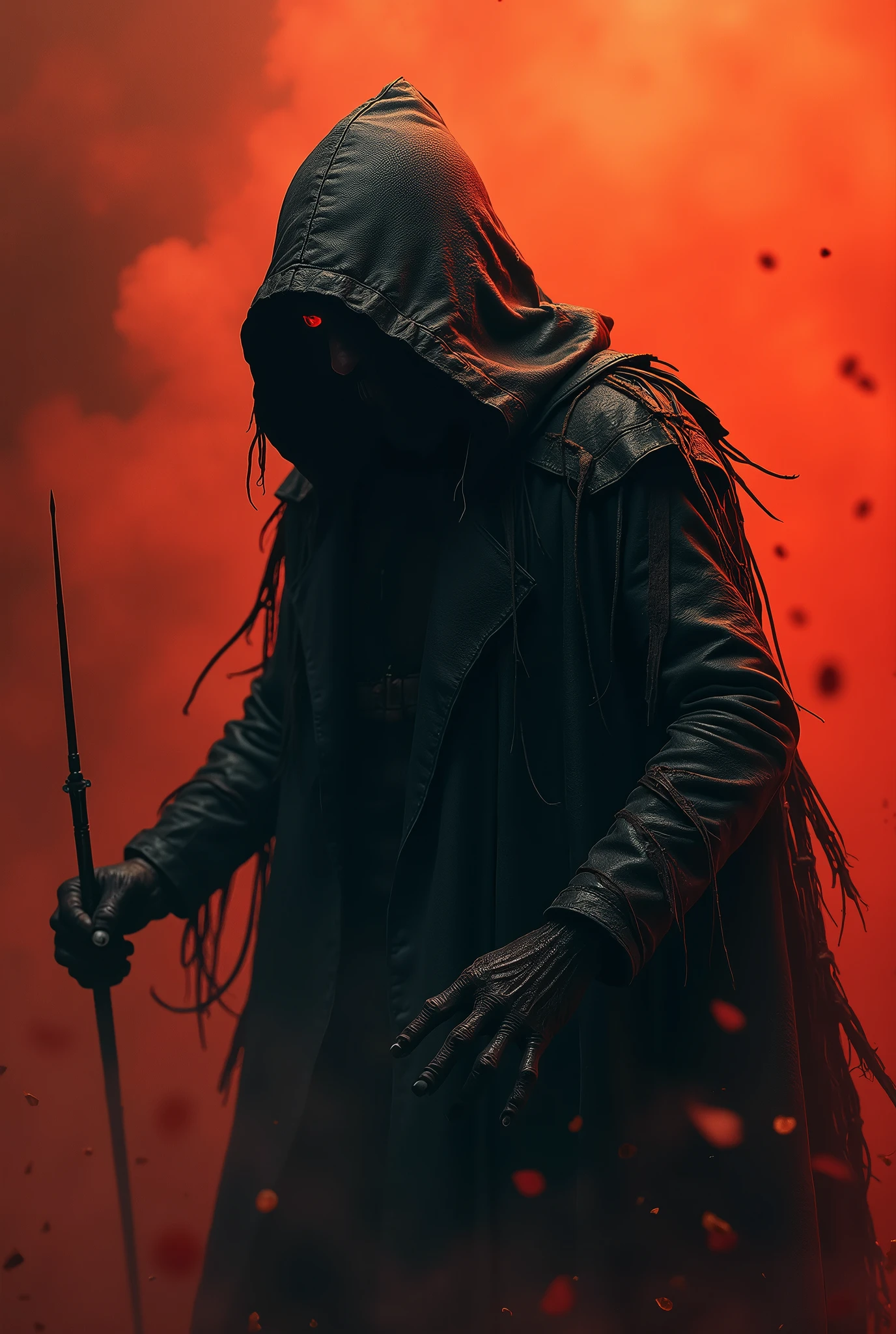 Affiche Film Horreur 1956. A Serotonin-Addicted Scarecrow Assassin With A Black Hooded Cloak Of Intricate Tattered Pieces Of Tanned Red Leather Who Leaps On His Prey Like A Nightmare. Smoke Gas Red Rusty. Madness Black Nightmare Ochre. Needle.