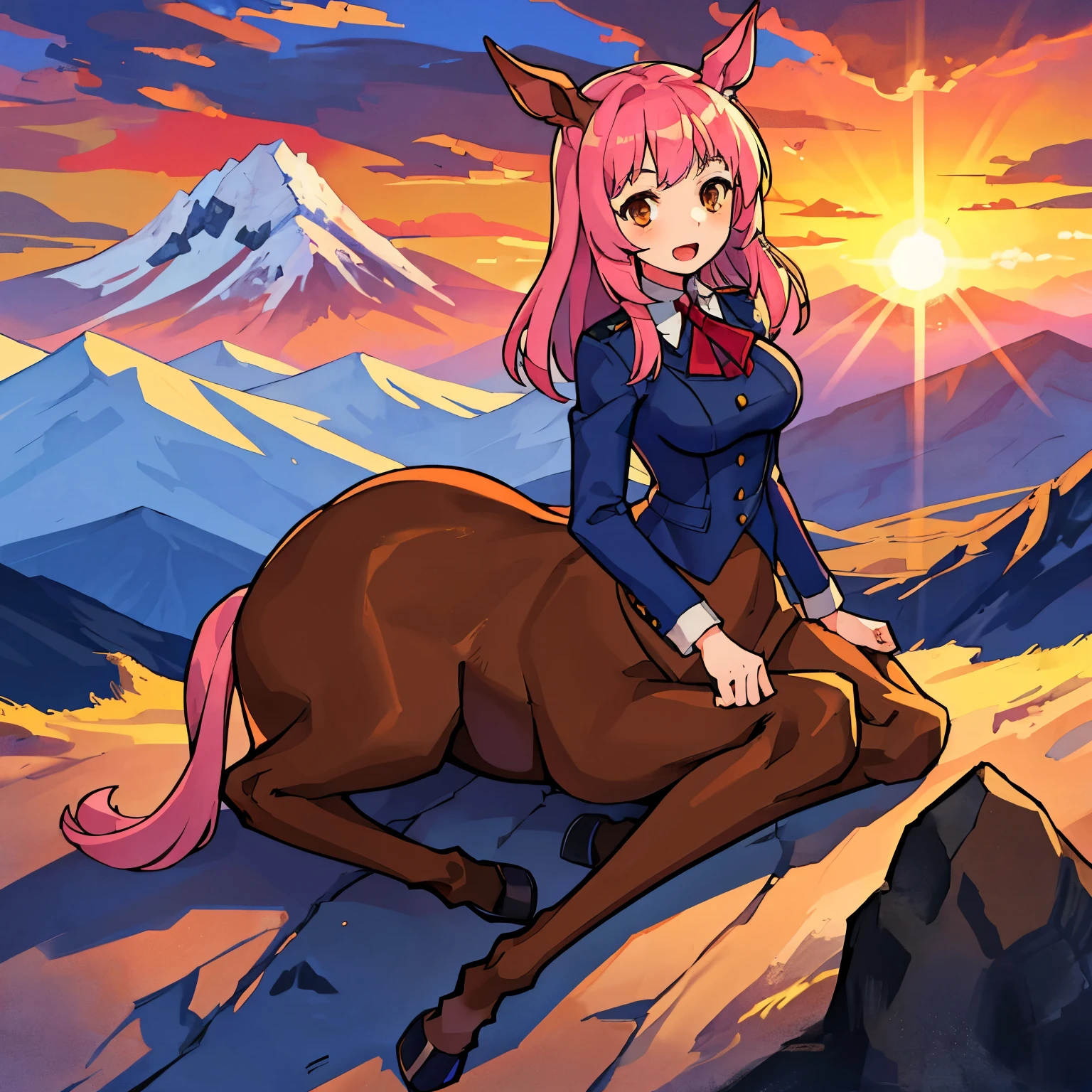 1girl, (white centaur), taur, pink hair, brown eyes, medium breasts, 4k, 8k, ((sitting down)), best quality, high-res, open mouth, ((mountain)), sunset, (watching the sun set)
