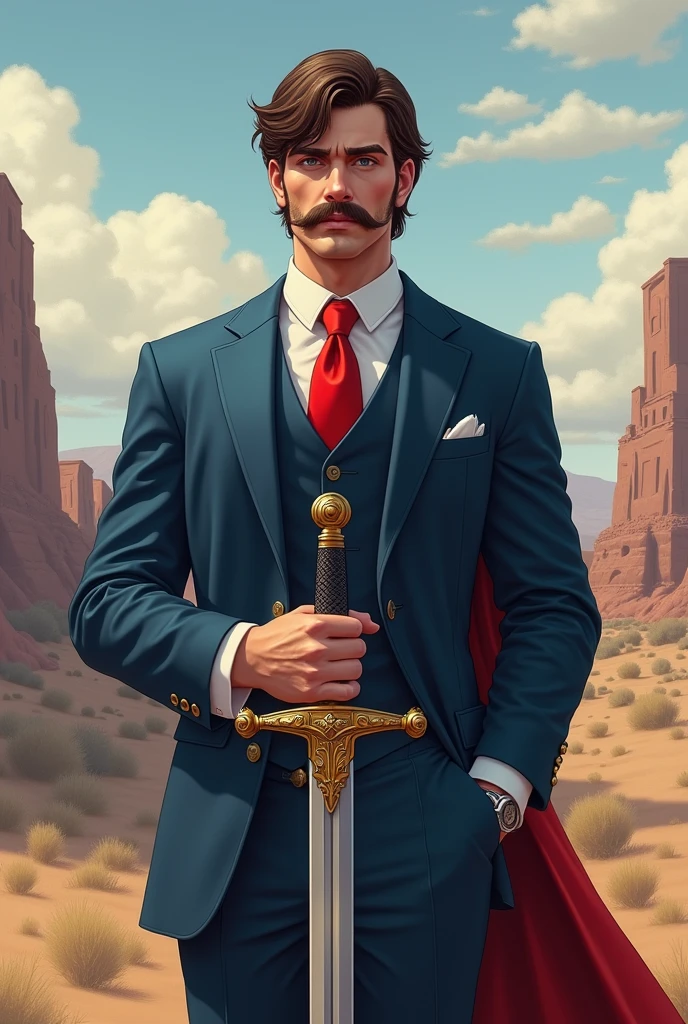 He is a man standing at 1.15 meters tall with a normal build. He has medium-length brown hair and he has a Mutton Chops. He is very well-dressed in a blue suit with a red tie. He carries the legendary sword Excalibur and has a magnificent and especially calming presence. The character should be styled in a fantasy RPG art style and set in the Old West. 
