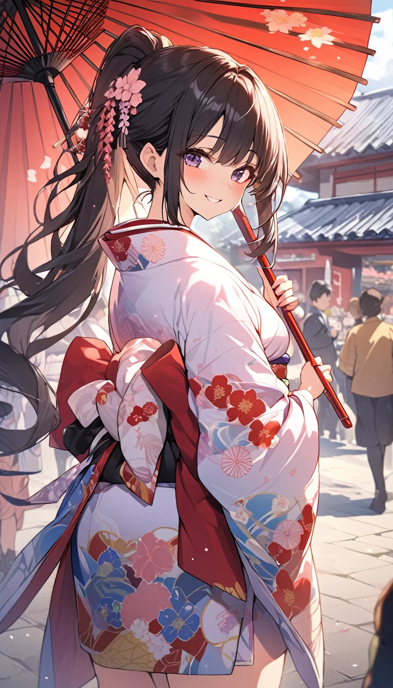 One Woman、beautiful girl、evening、kimono、Beautiful patterned kimono、ponytail、Waraji、School、Back of the school building、spring、cherry blossoms々、はためくcherry blossomsの花びら、Long Hair、Highest quality、Ultra HD、Black Hair、smile、8 heads、White tabi socks、Japanese Umbrella、smile、Cowboy Shot、festival、Many food stalls、Beautiful scenery