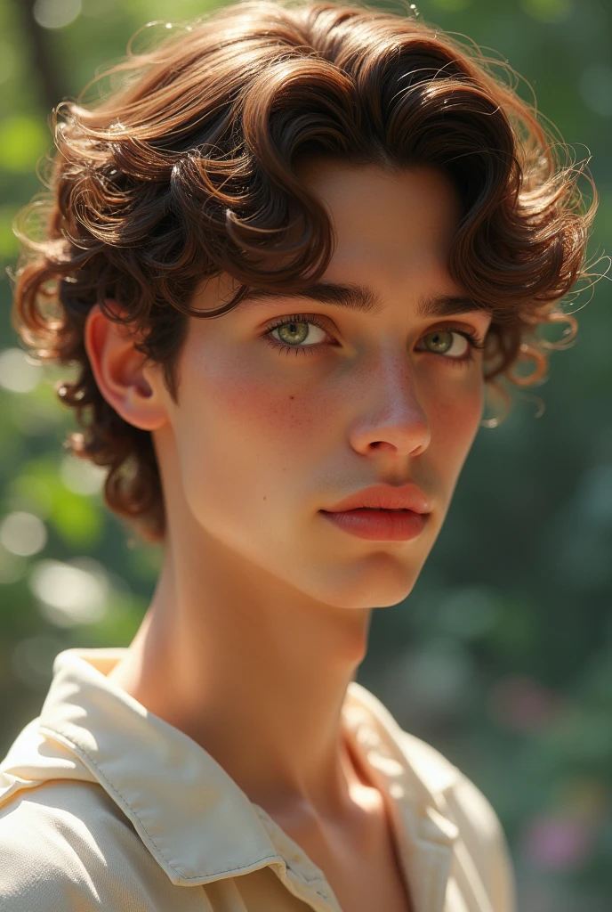 A boy, is a descendant of Aphrodite, ah inherited a certain beauty from her, The chic looks very pale, with beautiful, slightly greenish hazel eyes, curly hair not so long, hazelnut brown but sometimes some reddish lights, natural red lips in heart shape,
The boy is tall and very attractive, too handsome, He is and is in the present time