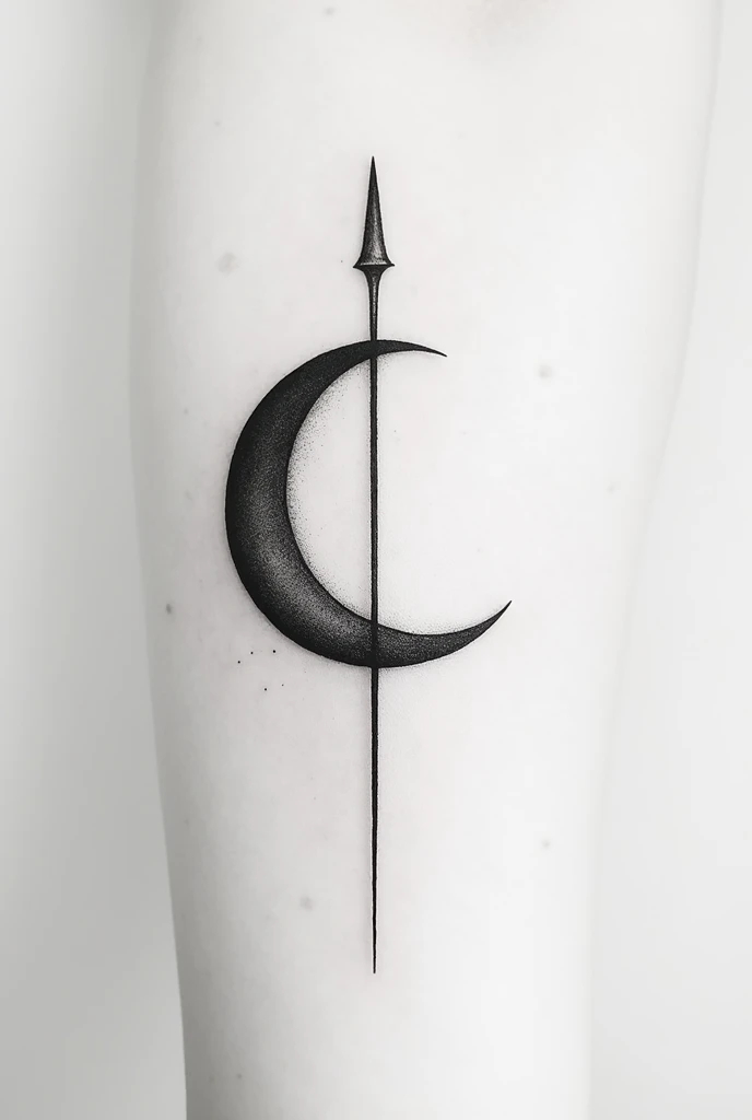 Waning Moon, needle in the center. black and white tattoo, minimalist