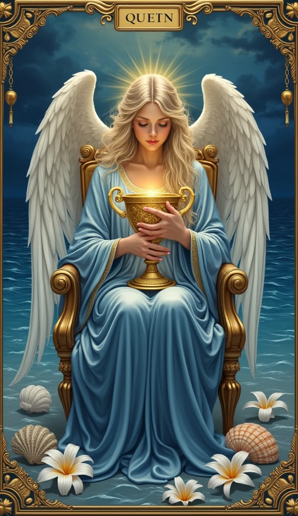 Create a serene and nurturing scene for the "Queen of Chalices" card, reflecting the Rider-Waite Queen of Cups, with an angelic touch. Depict a regal and compassionate angelic figure seated on an ornate throne by the sea, dressed in flowing robes of deep blue and soft silver. The angel gently cradles a beautifully ornate golden chalice, gazing into it with deep empathy and understanding. Her wings are gracefully folded around her, creating a protective and comforting aura. Surround the throne with symbols of emotional depth, such as gently lapping waves, delicate seashells, and soft white lilies. The background should feature a calm, reflective sea under a twilight sky, symbolizing intuition and deep emotional wisdom. The overall atmosphere should exude warmth, compassion, and a deep connection to the heart, perfectly suited for the Lumen Angelis tarot deck.