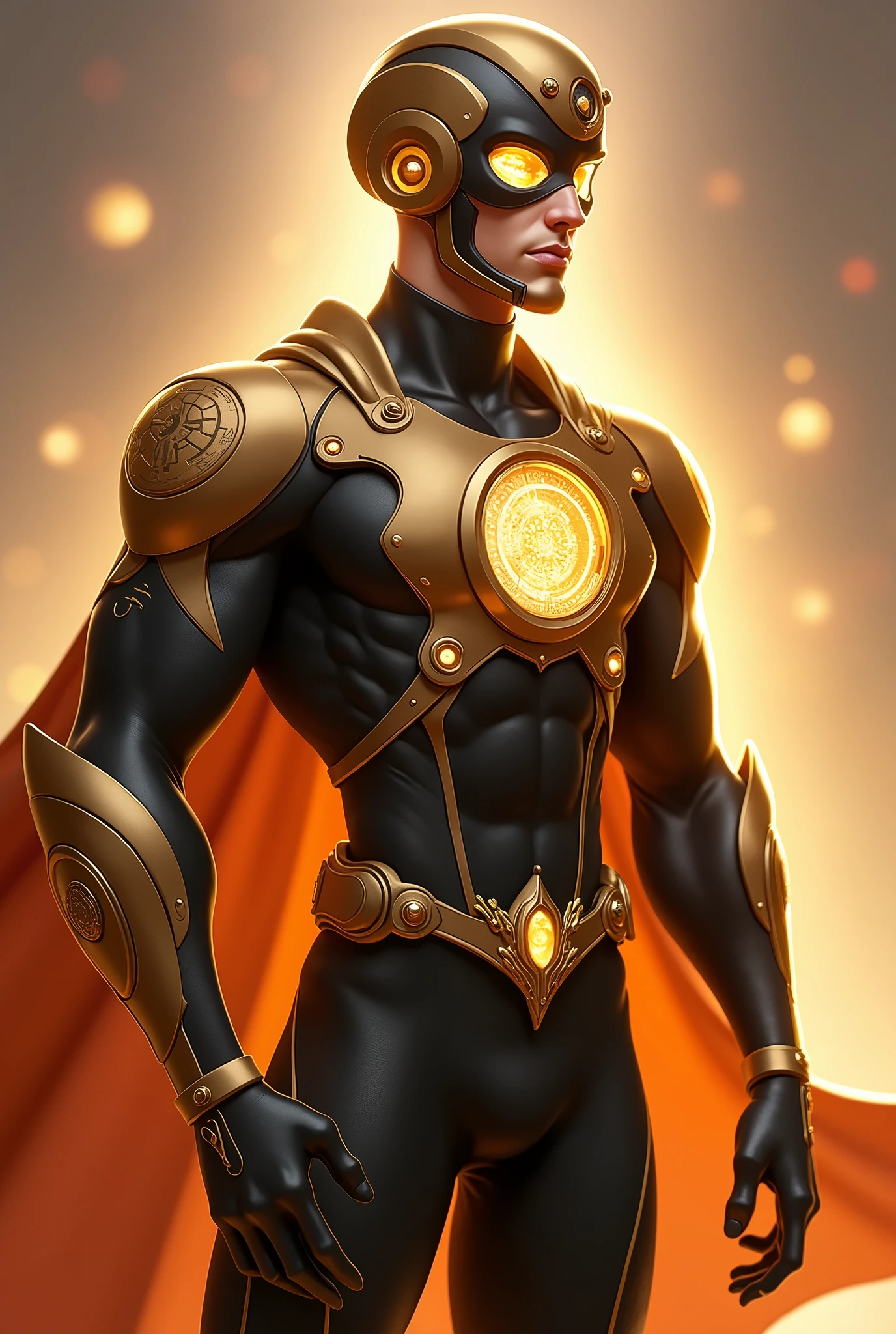 Create a male superhero character named Chronor, inspired by clockwork and time manipulation, in the style of Miraculous Ladybug.

Chronor should have a sleek, streamlined suit that is primarily bronze with copper and gold accents. The design should be elegant and stylized, with soft, flowing lines rather than overly complex mechanical details. The suit should include subtle clockwork motifs, like small, decorative gears, and patterns resembling clock faces, but keep the overall look simple and clean. The visor is translucent, showing faint temporal symbols and numbers, with a gentle golden glow. The character should exude confidence and agility, with a short, flowing cape that complements the design. The overall appearance should blend seamlessly into the Miraculous Ladybug universe, with a focus on charm, elegance, and a hint of mystery.