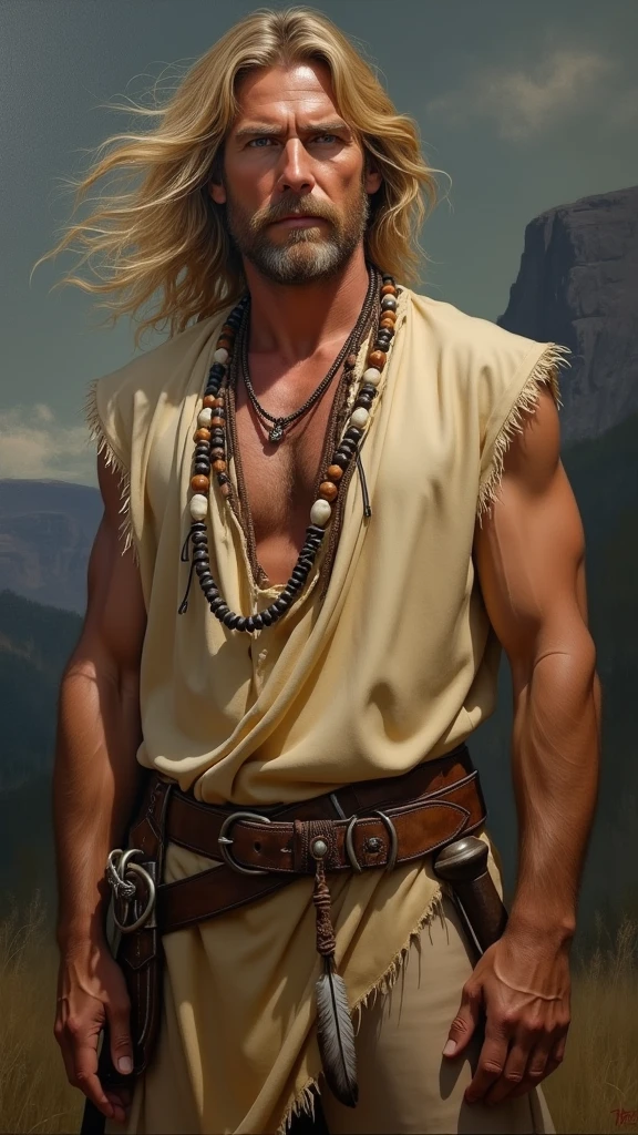 ((A Western Scene from the 1870, Realistic oil painting , portrait of Byron Sully the mountain man from dr Quinn, striking resemblance with Joe Lando 3. he wears Indian leather cream tunic with sleeveless torn edges, a brown leather belt and a hatchet, a long necklace of round and long beads with a feather, he have long blond wavy hair and blue eyes.)) His hair gently flutters in the wind. Painting, artstation, concept art, smooth, sharp focus, illustration, cinematic perfect light, masterpiece, ((inpired by Carne Griffiths and Wadim Kashin)) detailed illustration of an outstanding mysterious touch. (In the style of, dr quinn) (--hd, western art), remove blur