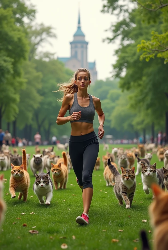 A confused woman in sportswear running through Central Park realizing the park is full of cats