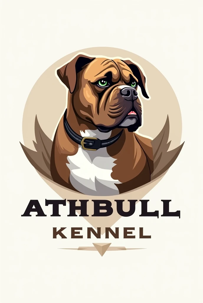 Logo Design Prompt:** "Create a modern, bold logo for a kennel specializing in Exotic Bull dogs. The logo should prominently feature the name 'ATH BULL KENNEL'. The design should convey strength, loyalty and elegance, reflecting the unique and powerful nature of the Exotic Bull breed. Incorporate an image or silhouette of a strong, muscular Exotic Bull dog as a central element, with the name 'ATH BULL KENNEL' integrated into the design in a visually appealing and legible manner. and modern, possibly with sharp or geometric elements to enhance the impact of the logo. Use a color palette of light brown tones and white flecks, with deep green eyes the style should be elegant and professional, suitable for branding on websites and merchandise, and aim to give the Exotic Bull dog an imposing presence, the exotic bull dog should be small, with cropped ears and should be frightening