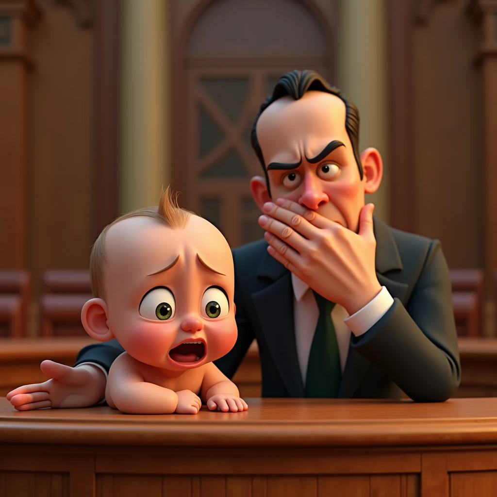 Im Stil von Pixar 3D- The animated film, Caricature. A crying baby sits in the dock in court. A lawyer sits next to the baby and holds his hand in front of his face (facepalm).