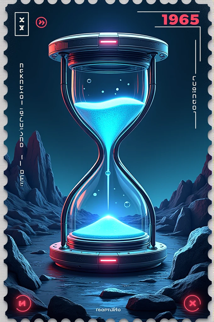Create a stamp with the surname Castruita and the image of the intensive care nursing hourglass and the year 1985 that is futuristic