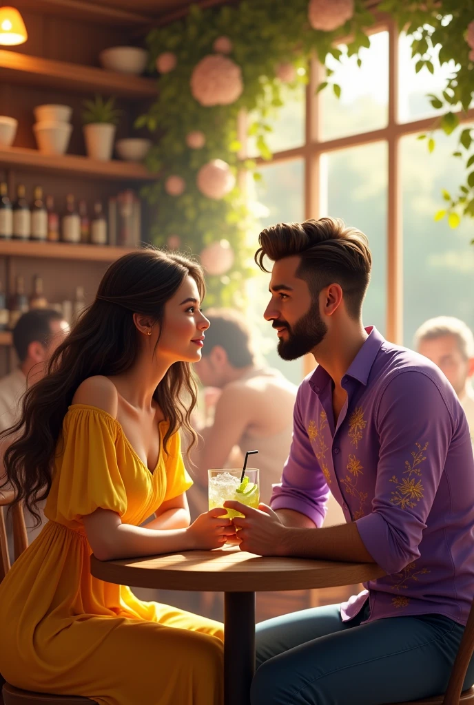 Couple sitting in a cafe and ordered mojito on table. girl wearing yellow dress with sleeves loose hair and boy wearing purple shirt with golden flower pattern on it. They are sitting front to each other, boy has little beard and mustache both are good looking and made for each other
