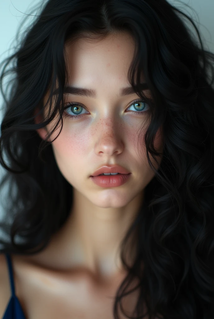 Young Black curly long hair model with blue eyes pale skin 