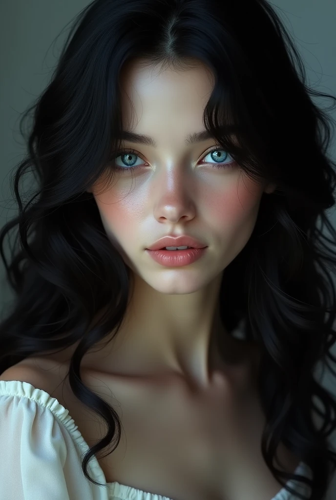 Young Black curly long hair model with blue eyes pale skin