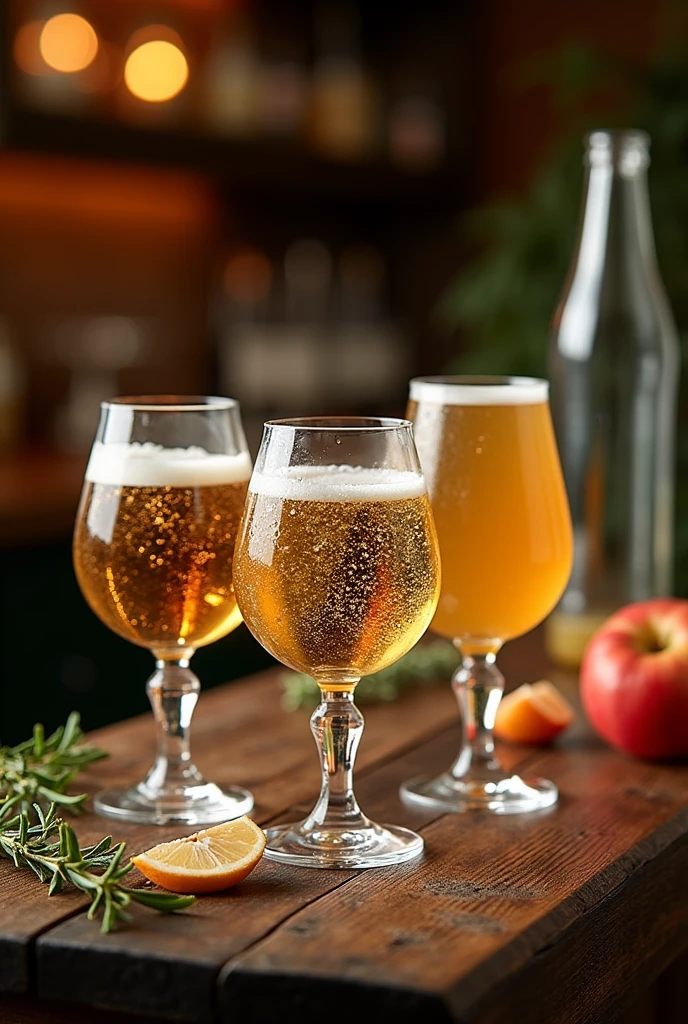 generate a photo with each type of cider that is served in crystal glasses where you can see their characteristic bubbling