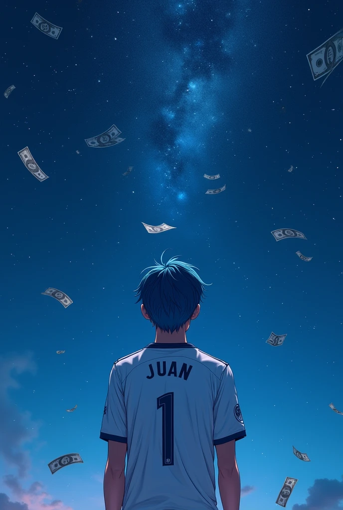generate an image in which a young man with thin and pretty face features looking at the stars, in the sky there has to be a very nice sky with many stars, the young man has to have blue hair and his body has to be normal with a normal physique has to have the uniform of Real Madrid and has to be on his back the young man, the shirt has to have the number 1 and say JUAN, he must have in the sky a lot of money.
