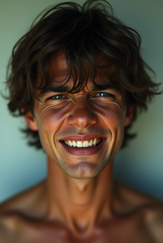vhs cover slasher young man 1990 , tanned skin looking in pain, ID Photo, Plain background, portrait photo, face and profile, all body ((Best quality)), ((masterpiece)), ((detailed)), perfect face, well lighted
