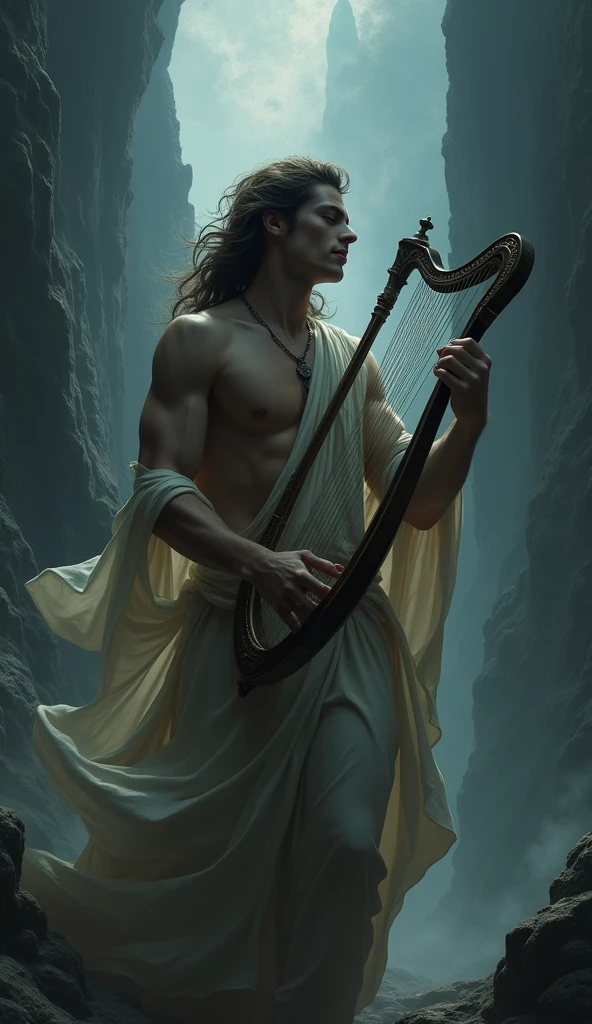 a beautiful young man, Orpheus, descending into the underworld, playing a lyre, persuading Hades to return his beloved Eurydice, detailed portrait, dramatic lighting, dark and moody atmosphere, Greek mythology, intricate details, (best quality,4k,8k,highres,masterpiece:1.2),ultra-detailed,(realistic,photorealistic,photo-realistic:1.37),dramatic lighting,chiaroscuro,moody,cinematic,epic scale,dark fantasy,digital painting,concept art